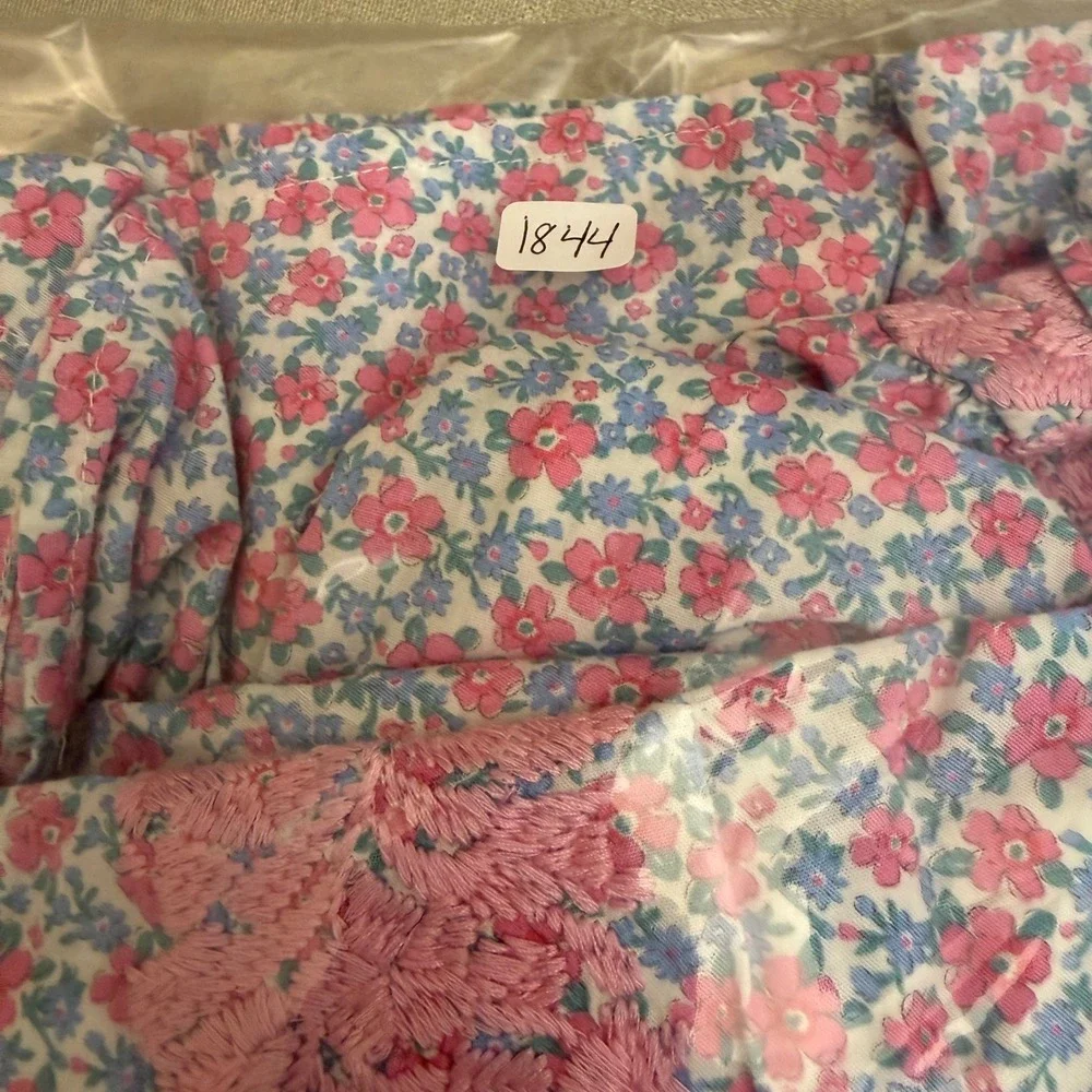 J. Marie Pink Blue Floral Embroidered Ruffle Flutter Sleeve Mini Dress XS